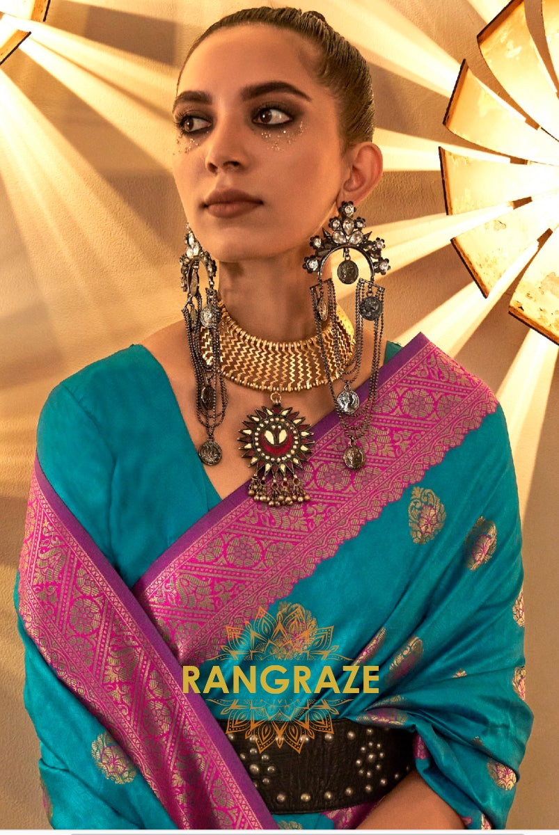 Turquoise Green Woven Banarasi Silk Saree