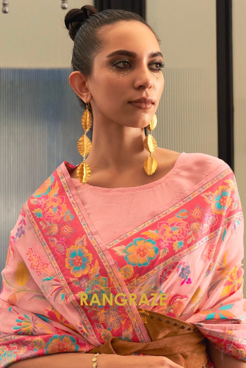 Classic Peach Pink Woven Kashmiri Jamewar Cotton Silk Saree