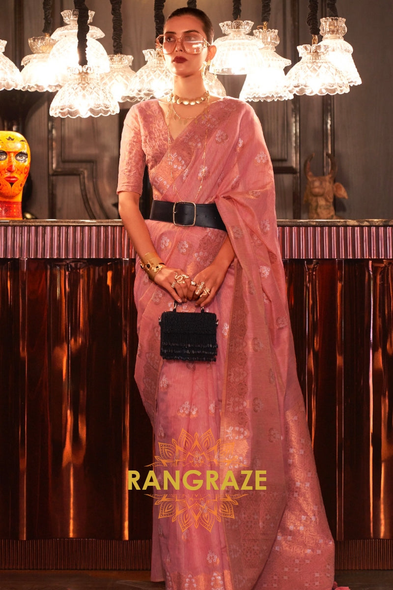 Orchid Pink Pure Linen Saree With Copper Zari Weaving