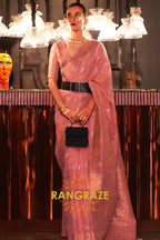 Orchid Pink Pure Linen Saree With Copper Zari Weaving