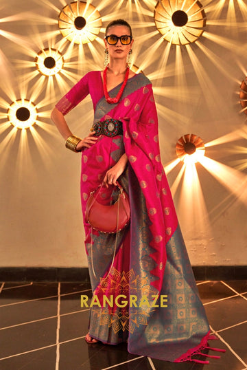 Magenta Pink Woven Banarasi Silk Saree