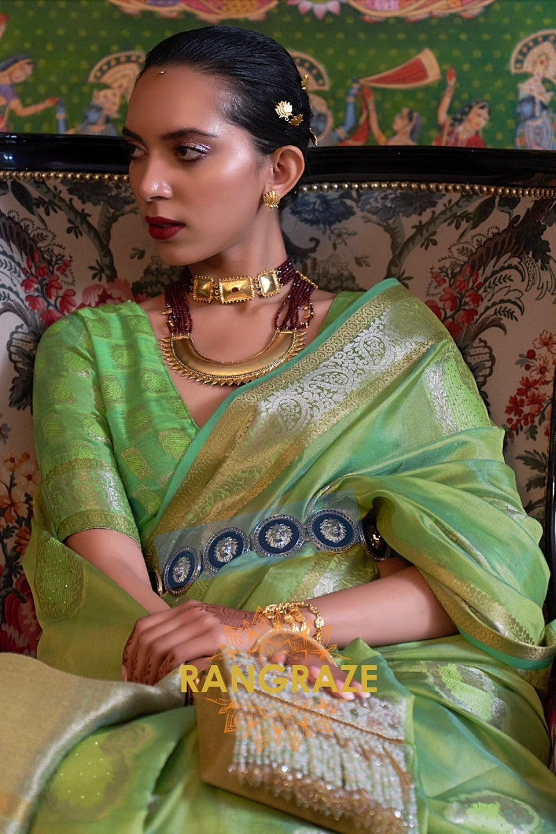 Parrot Green Woven Banarasi Organza Silk Saree