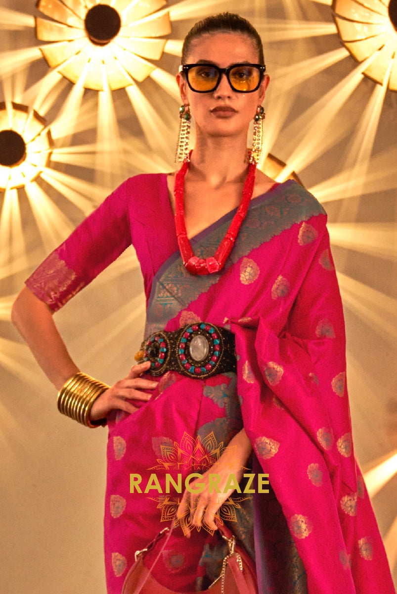 Magenta Pink Woven Banarasi Silk Saree