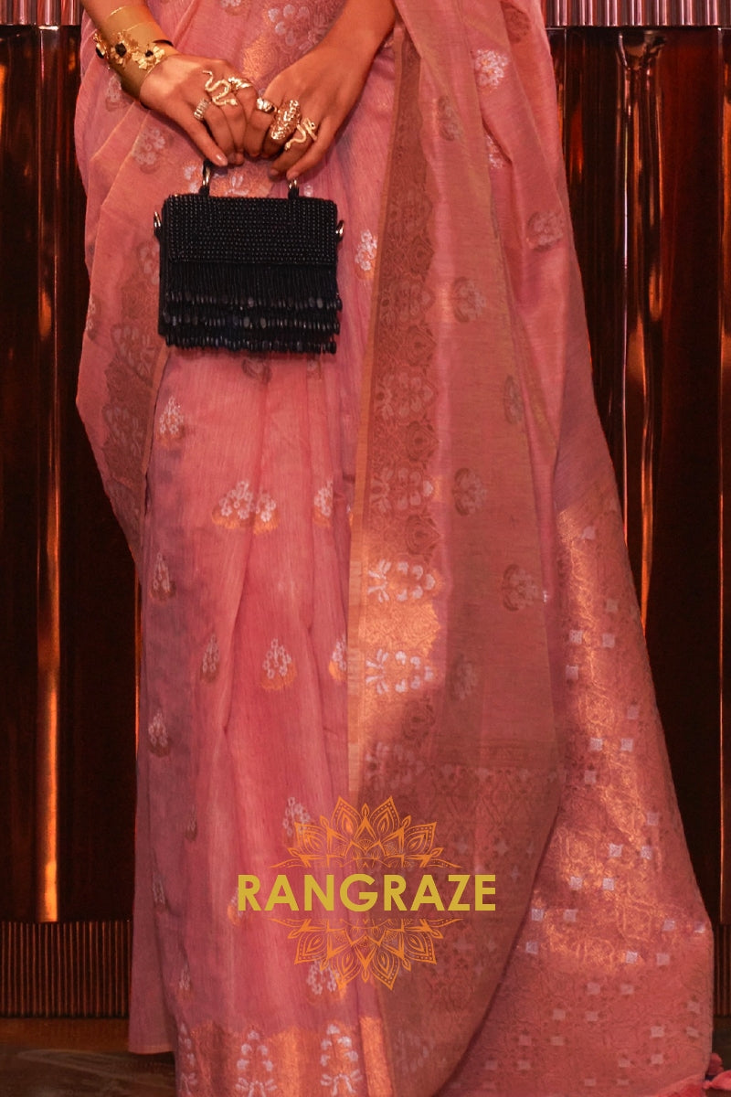 Orchid Pink Pure Linen Saree With Copper Zari Weaving