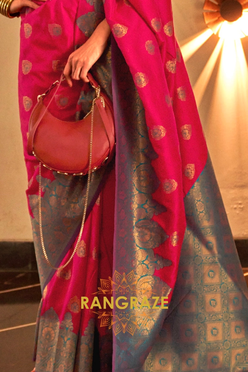 Magenta Pink Woven Banarasi Silk Saree