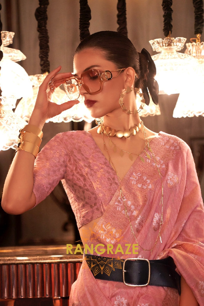 Orchid Pink Pure Linen Saree With Copper Zari Weaving