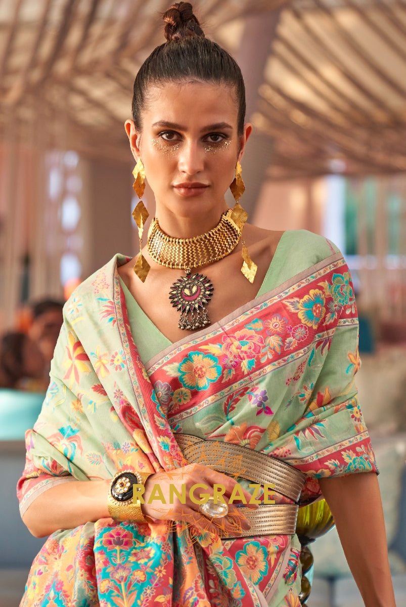Classic Sea Green Woven Kashmiri Jamewar Cotton Silk Saree