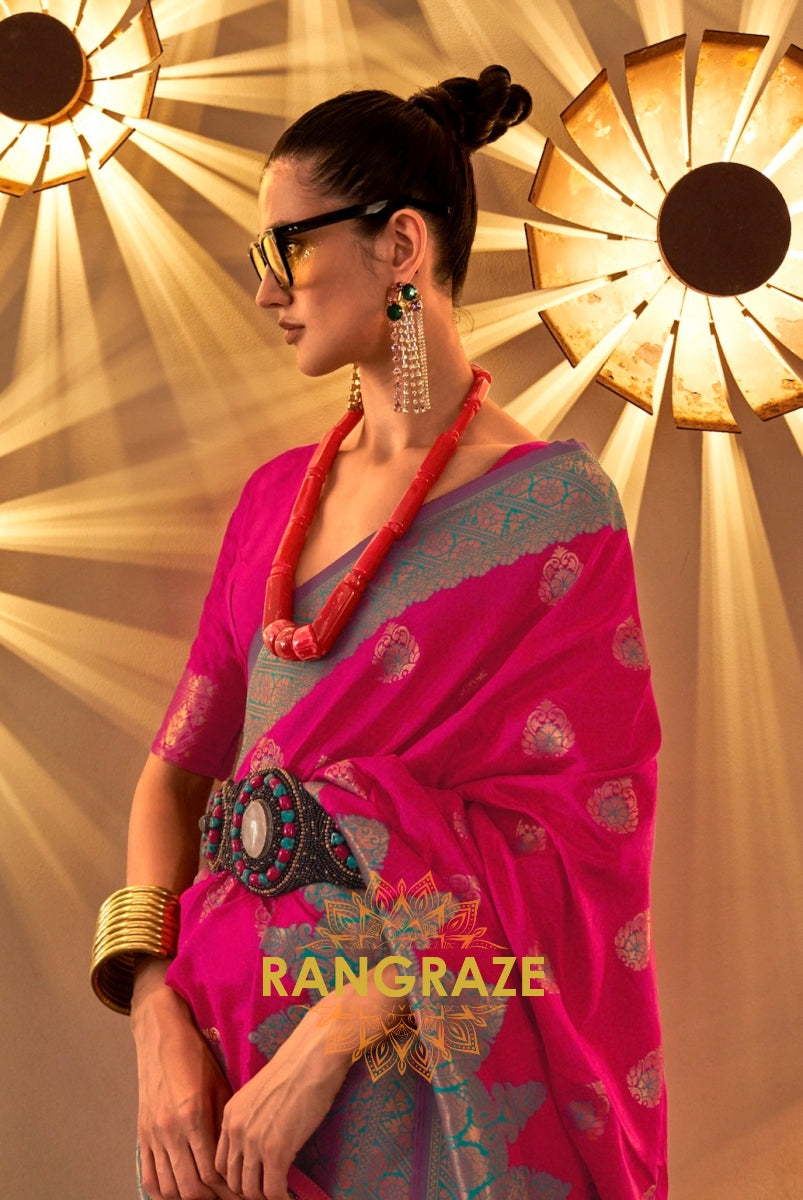 Magenta Pink Woven Banarasi Silk Saree