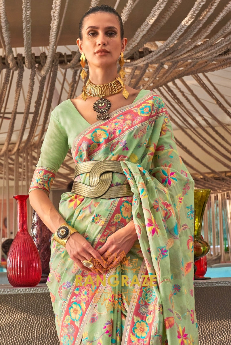 Classic Sea Green Woven Kashmiri Jamewar Cotton Silk Saree