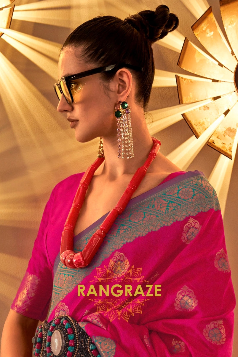 Magenta Pink Woven Banarasi Silk Saree
