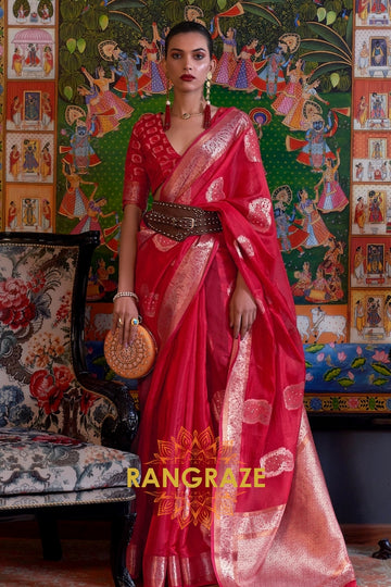 Bridal Red Woven Banarasi Organza Silk Saree