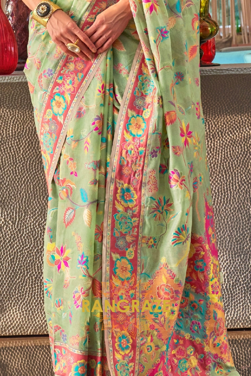 Classic Sea Green Woven Kashmiri Jamewar Cotton Silk Saree