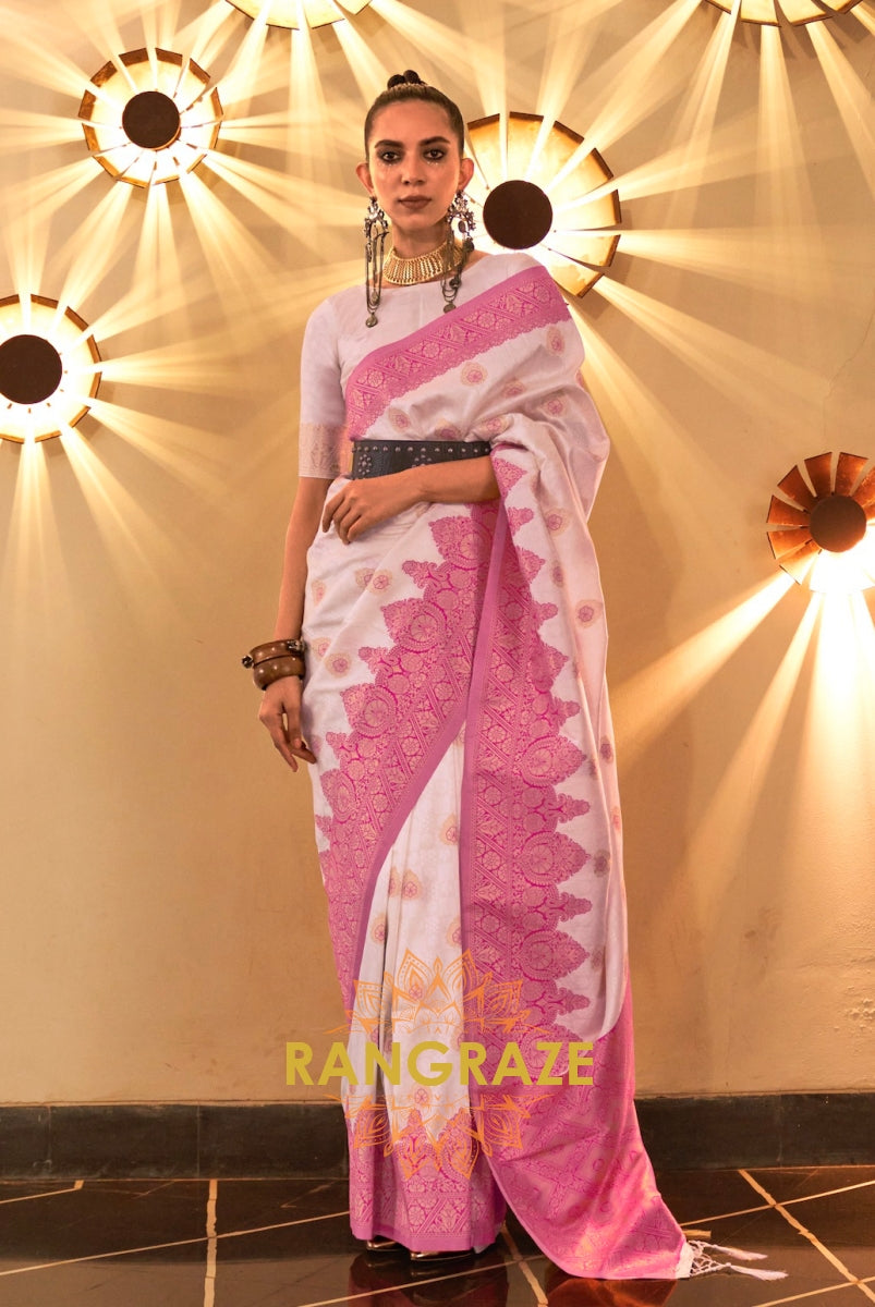 Pearl White Woven Banarasi Silk Saree