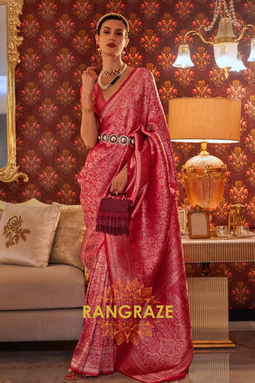 Cherry Red Dual Tone Woven Kanjivaram Silk Saree