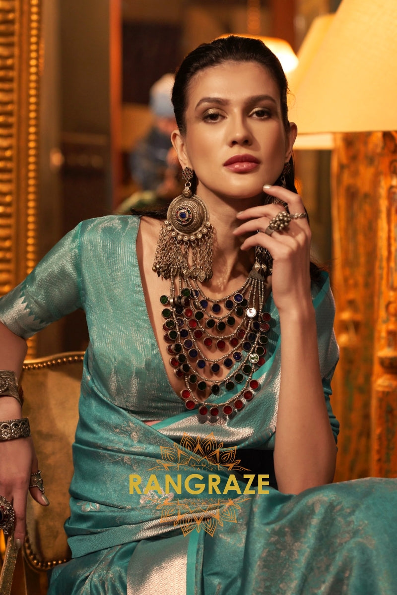 Heavenly Turquoise Dual Tone Banarasi Organza Silk Saree