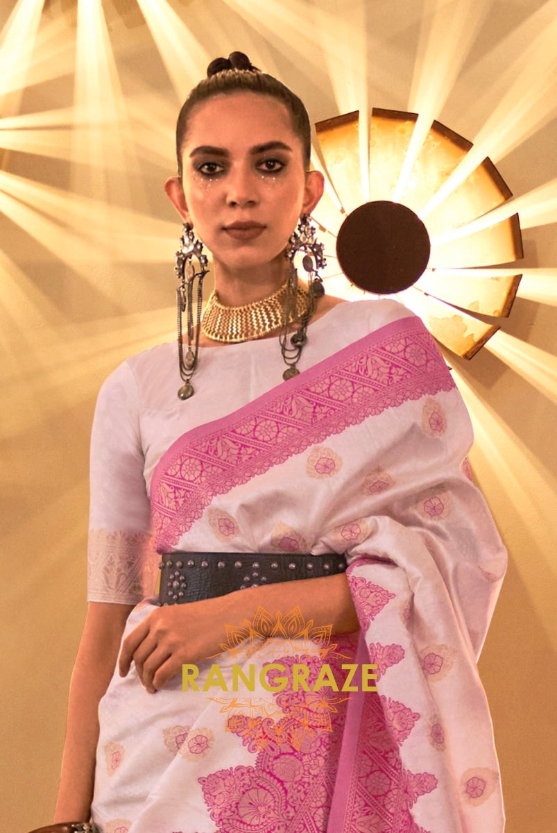 Pearl White Woven Banarasi Silk Saree