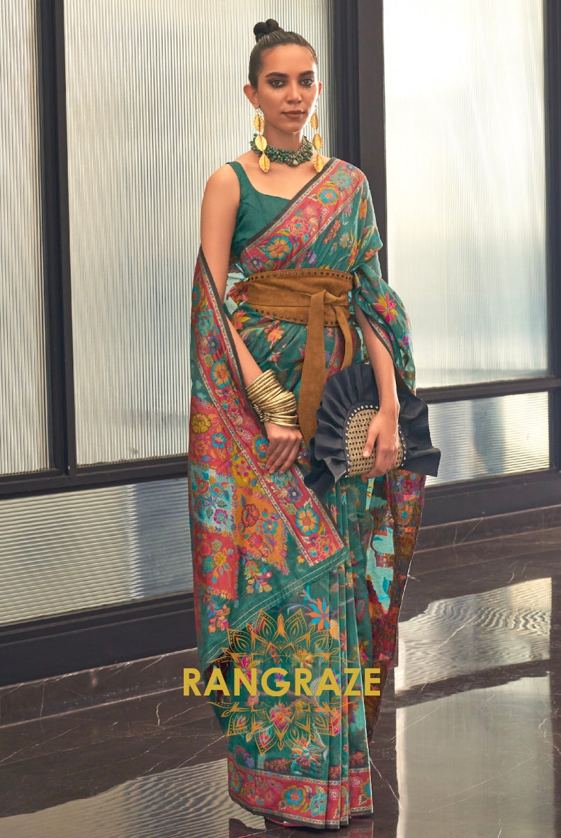 Classic Teal Green Woven Kashmiri Jamewar Cotton Silk Saree