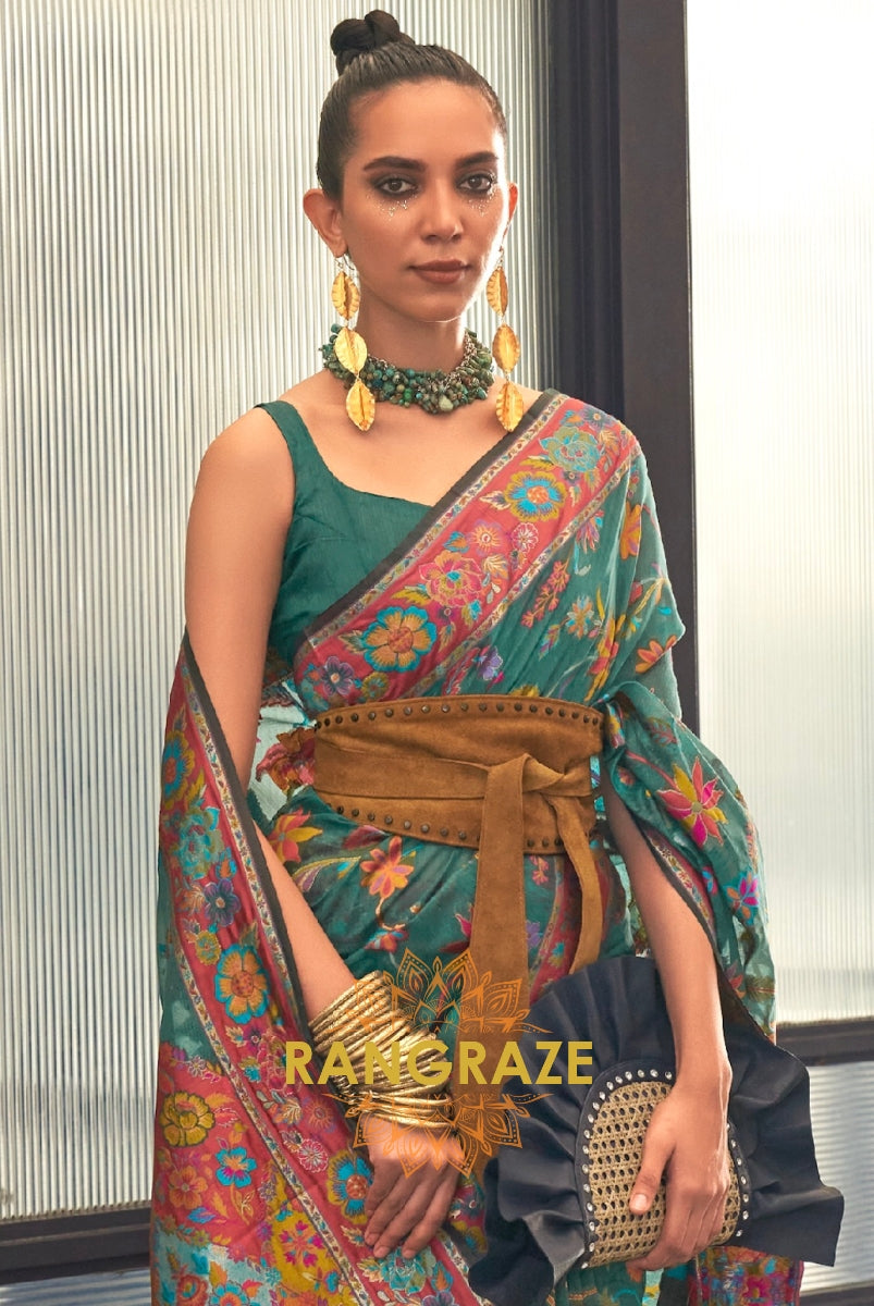Classic Teal Green Woven Kashmiri Jamewar Cotton Silk Saree