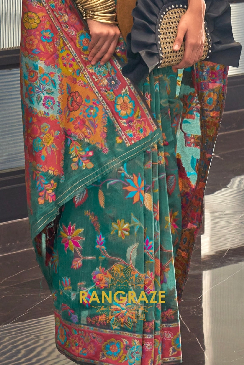 Classic Teal Green Woven Kashmiri Jamewar Cotton Silk Saree