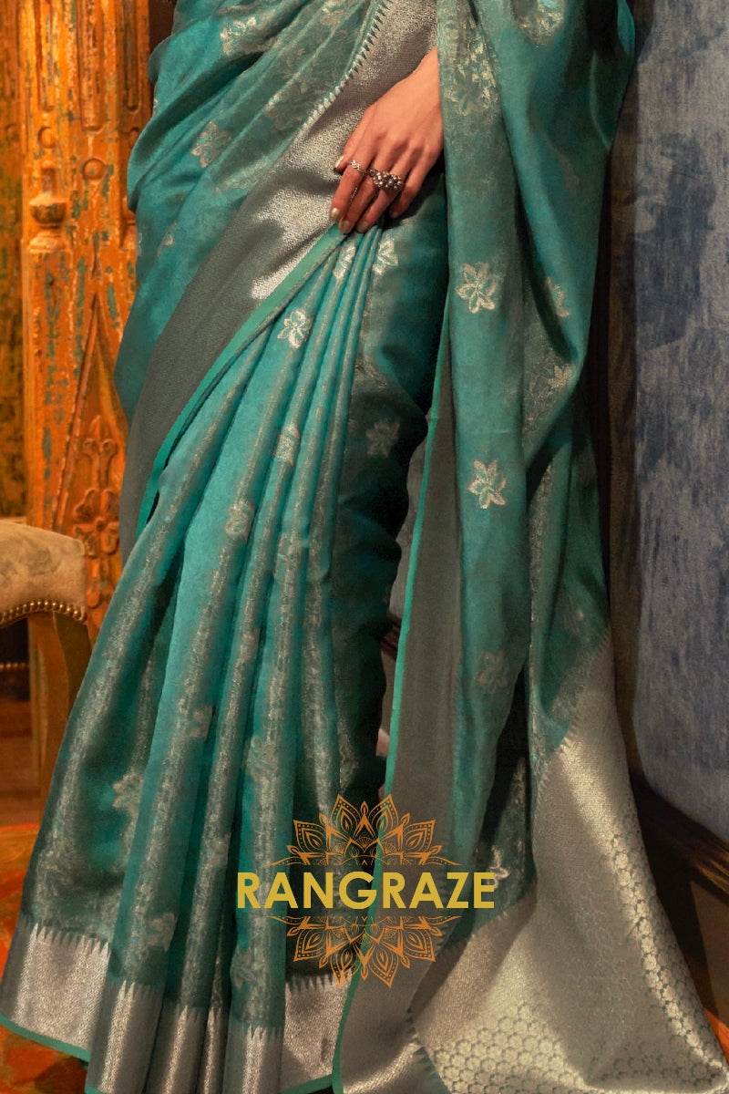 Heavenly Turquoise Dual Tone Banarasi Organza Silk Saree