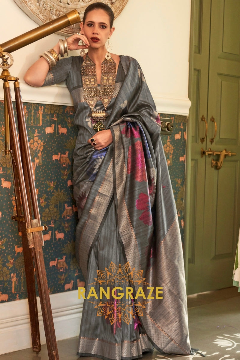 Fossil Grey Woven Banarasi Silk Saree