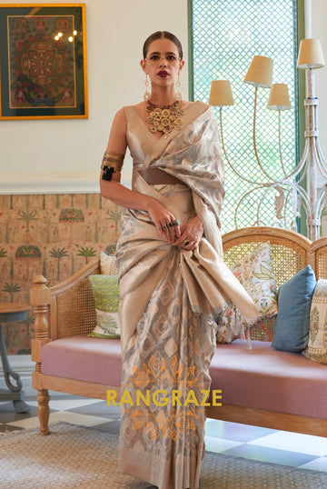 Antique Golden Beige Woven Banarasi Tissue Silk Saree