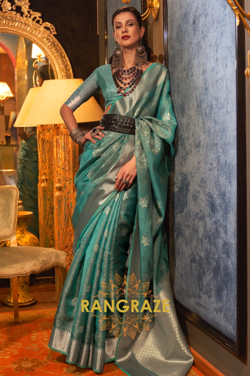 Heavenly Turquoise Dual Tone Banarasi Organza Silk Saree