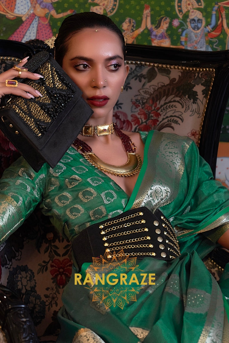 Hunter Green Woven Banarasi Organza Silk Saree