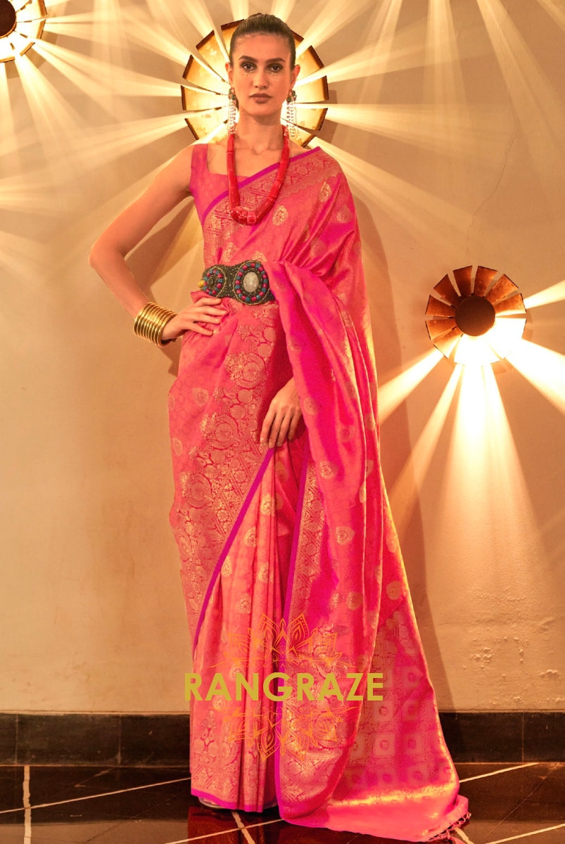 Peach Pink Woven Banarasi Silk Saree