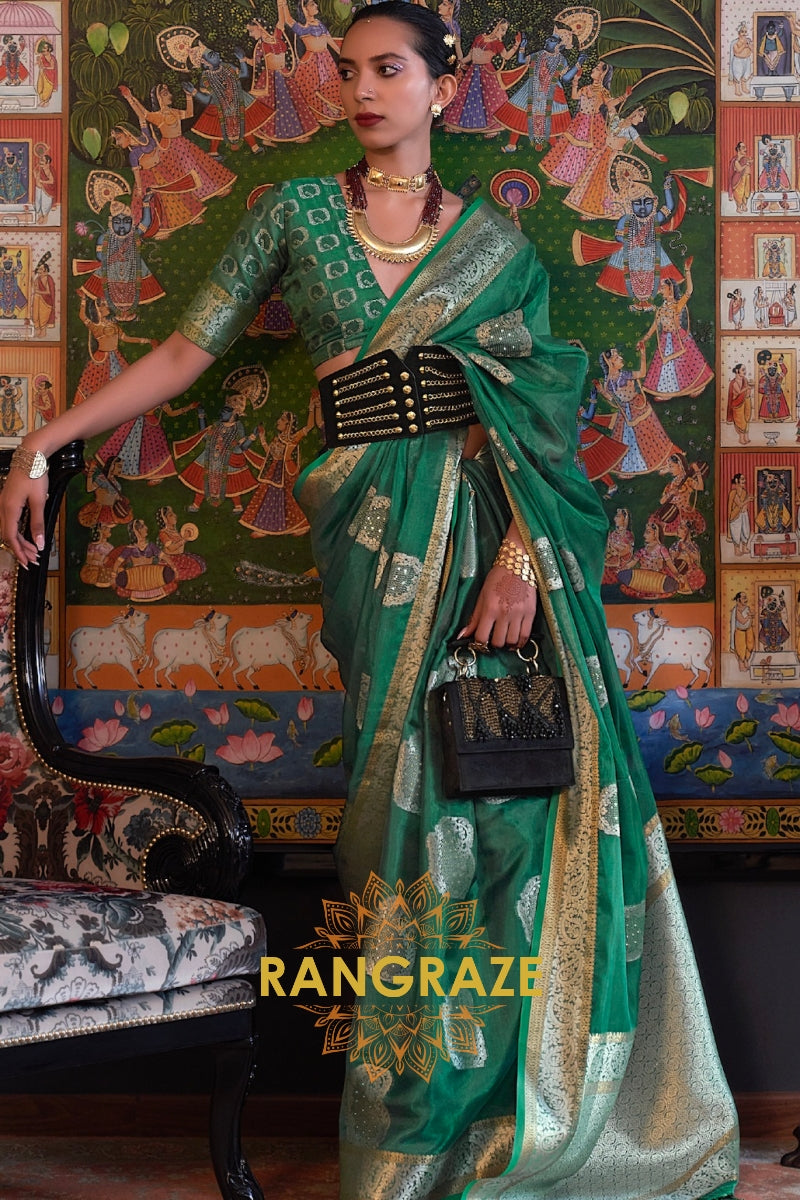 Hunter Green Woven Banarasi Organza Silk Saree