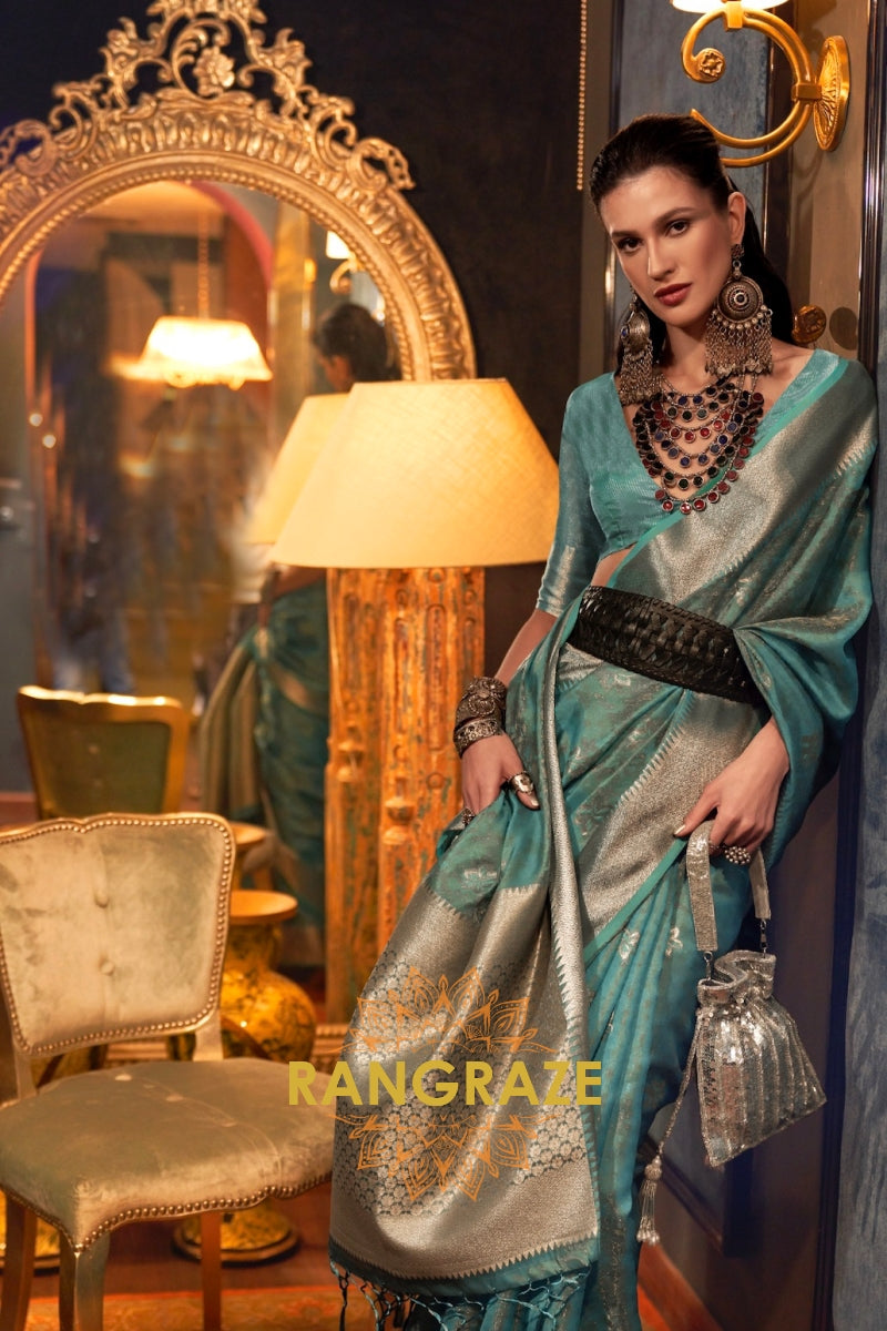 Heavenly Turquoise Dual Tone Banarasi Organza Silk Saree
