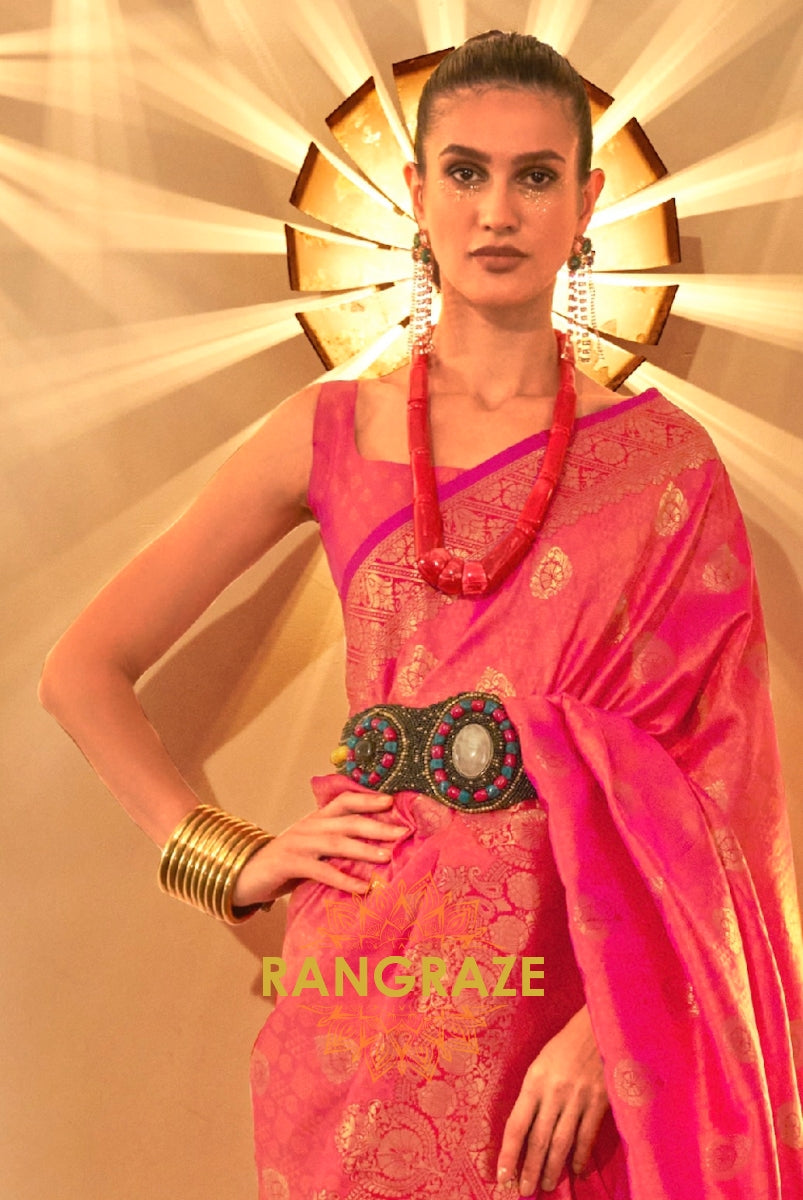Peach Pink Woven Banarasi Silk Saree