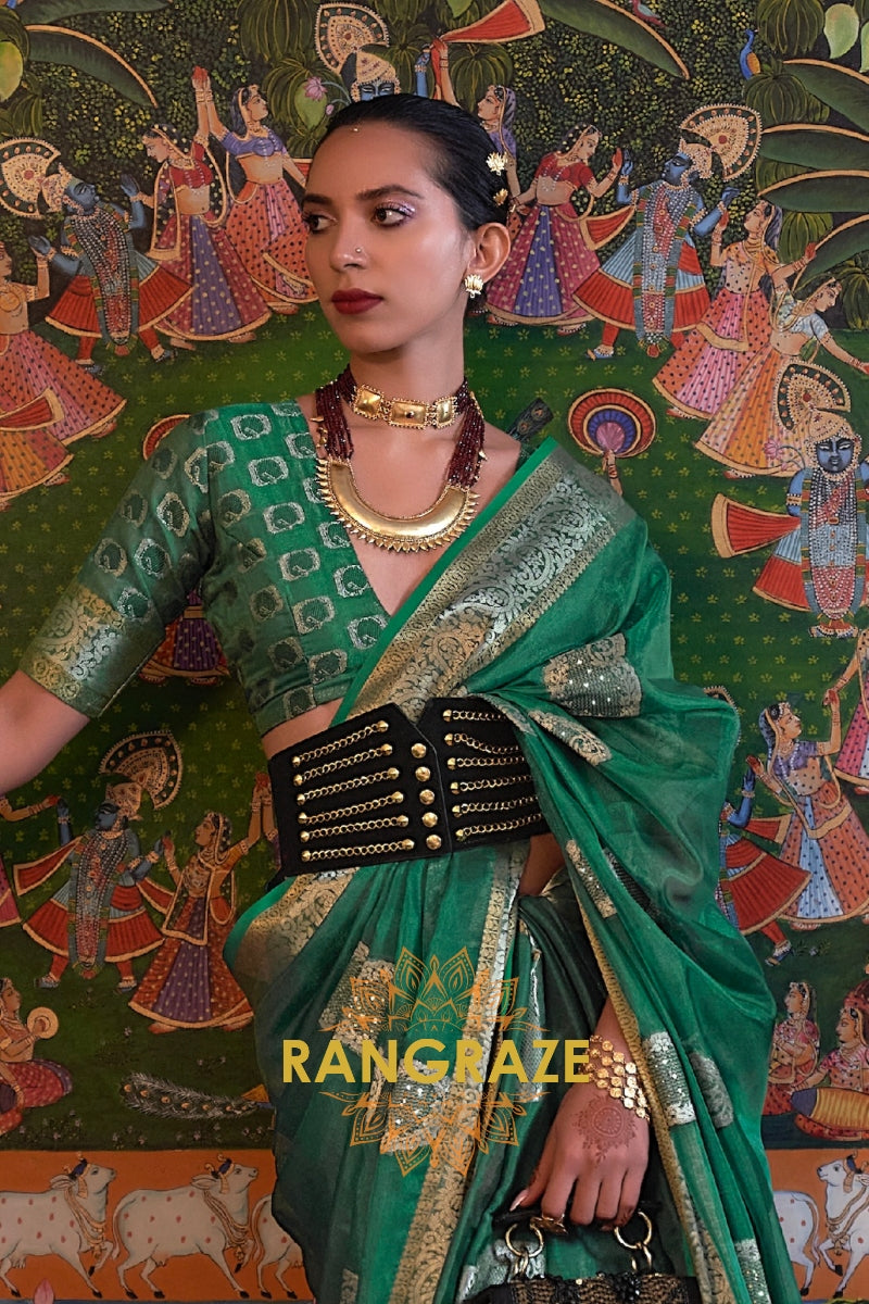 Hunter Green Woven Banarasi Organza Silk Saree
