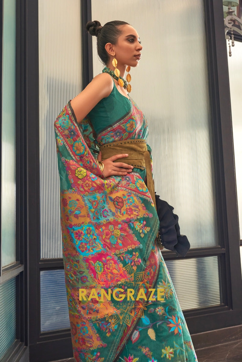 Classic Teal Green Woven Kashmiri Jamewar Cotton Silk Saree
