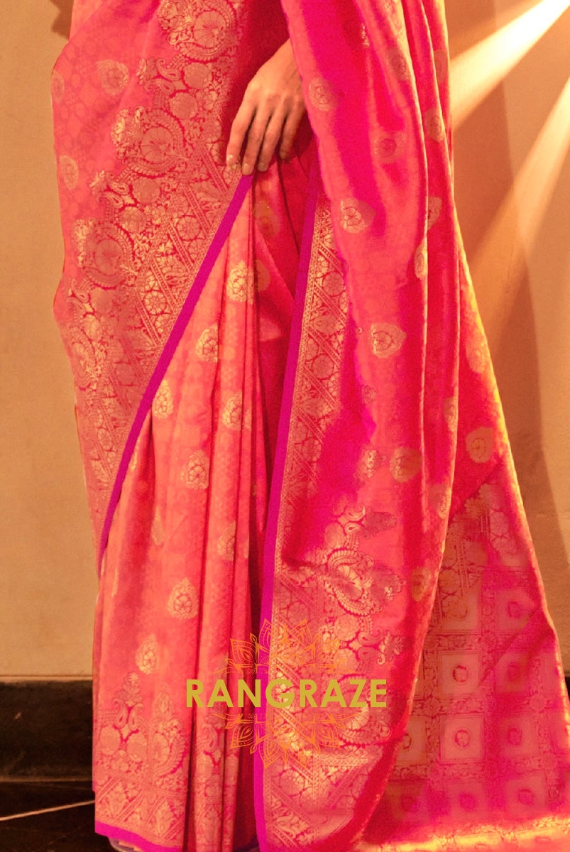 Peach Pink Woven Banarasi Silk Saree