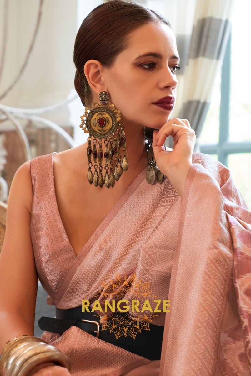 Antique Peach Pink Woven Banarasi Tissue Silk Saree