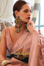 Antique Peach Pink Woven Banarasi Tissue Silk Saree