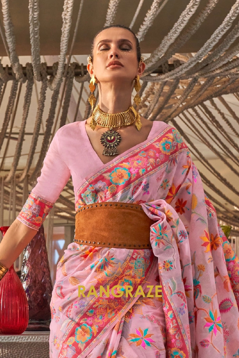 Classic Baby Pink Woven Kashmiri Jamewar Cotton Silk Saree