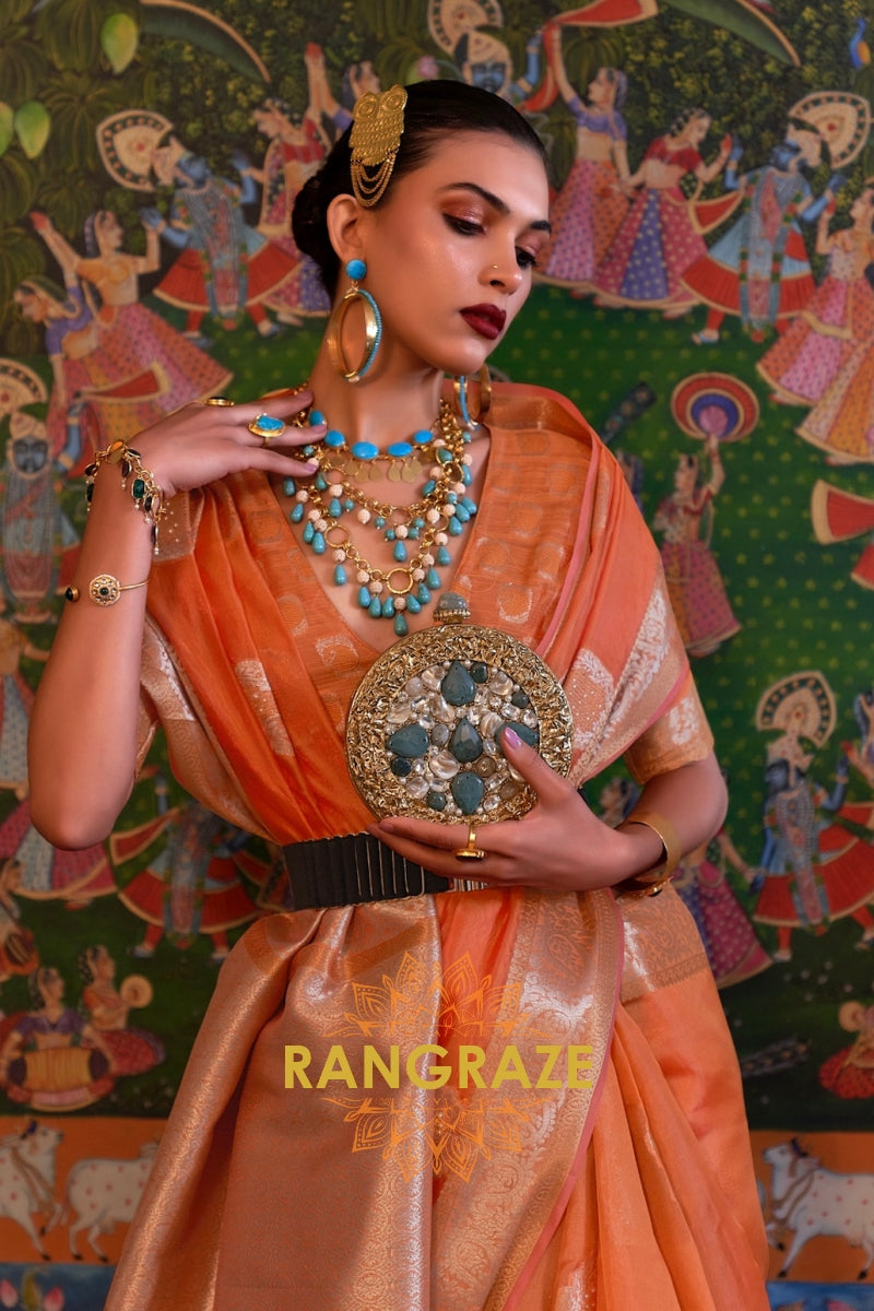 Turkish Orange Woven Banarasi Organza Silk Saree