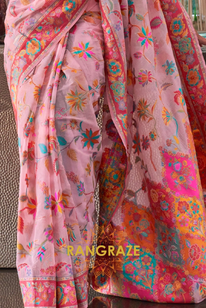 Classic Baby Pink Woven Kashmiri Jamewar Cotton Silk Saree