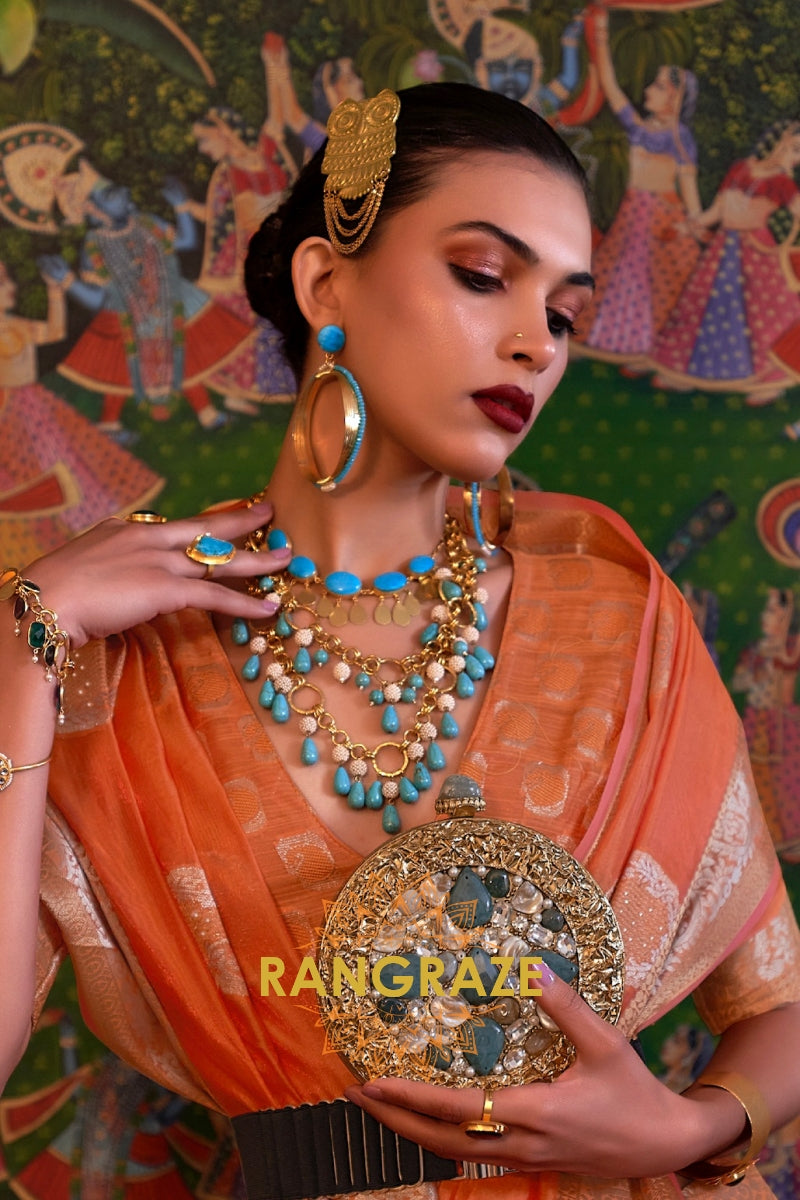 Turkish Orange Woven Banarasi Organza Silk Saree