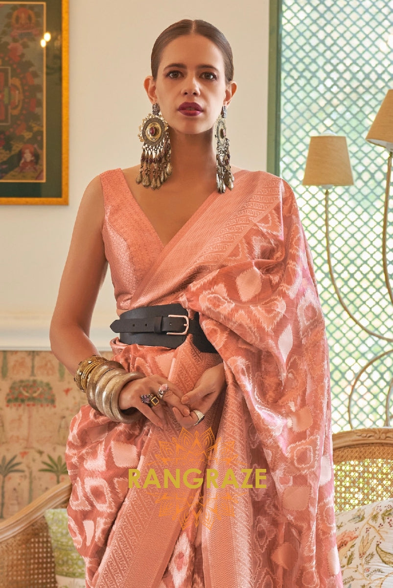 Antique Peach Pink Woven Banarasi Tissue Silk Saree
