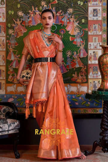 Turkish Orange Woven Banarasi Organza Silk Saree