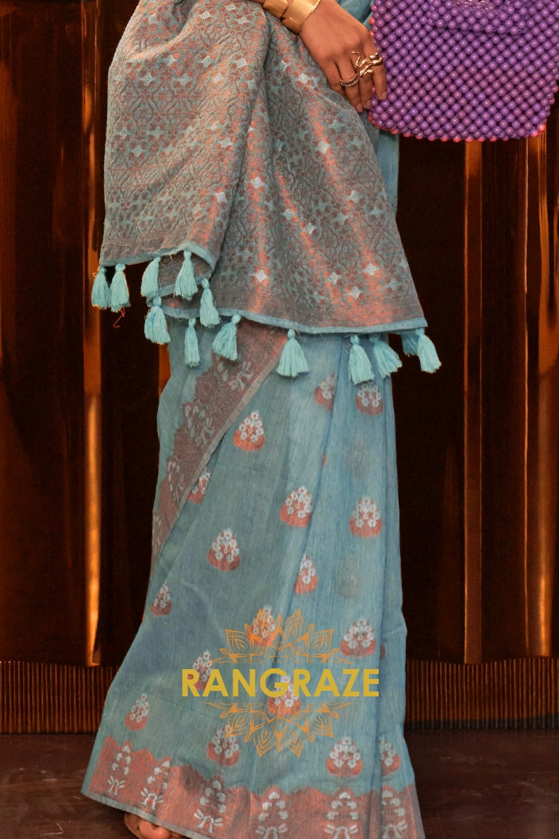 Arctic Turquoise Pure Linen Saree With Copper Zari Weaving