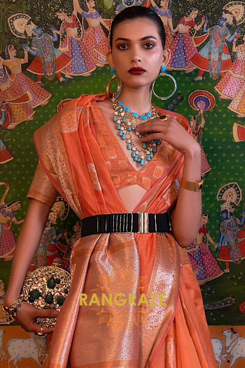 Turkish Orange Woven Banarasi Organza Silk Saree