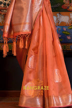 Turkish Orange Woven Banarasi Organza Silk Saree