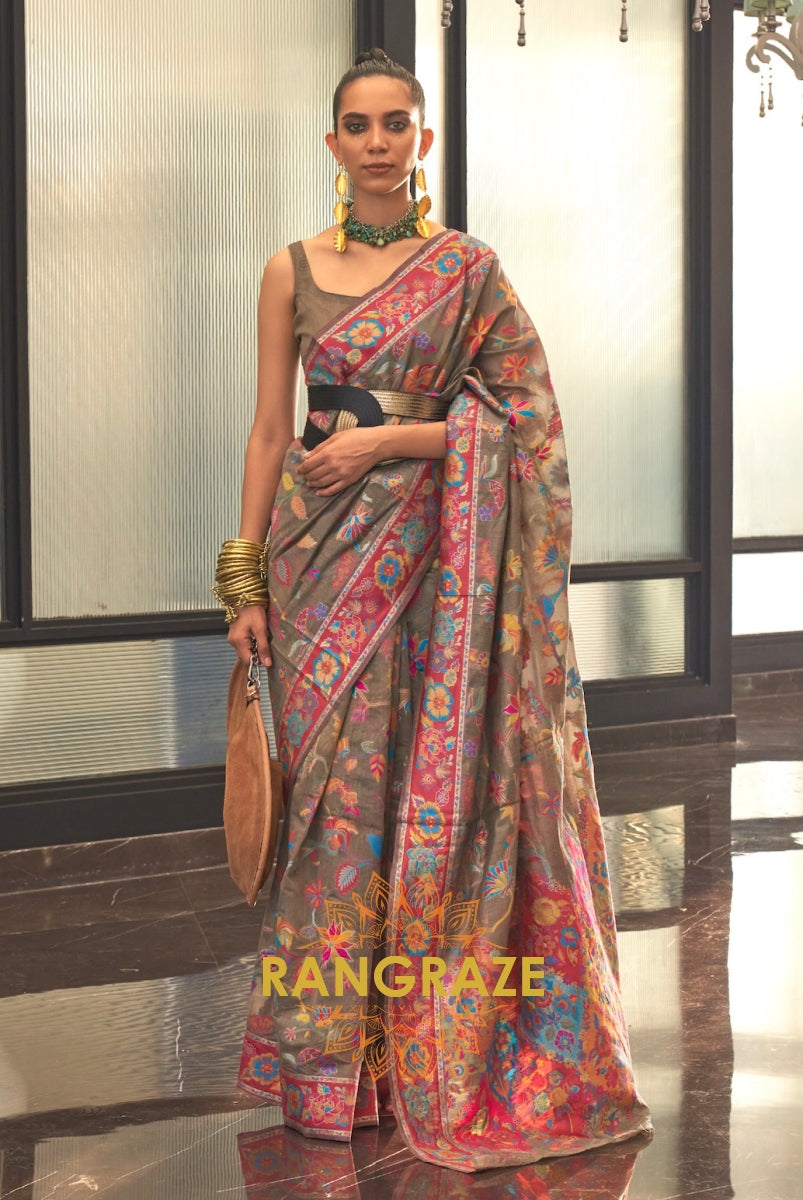 Classic Brown Woven Kashmiri Jamewar Cotton Silk Saree