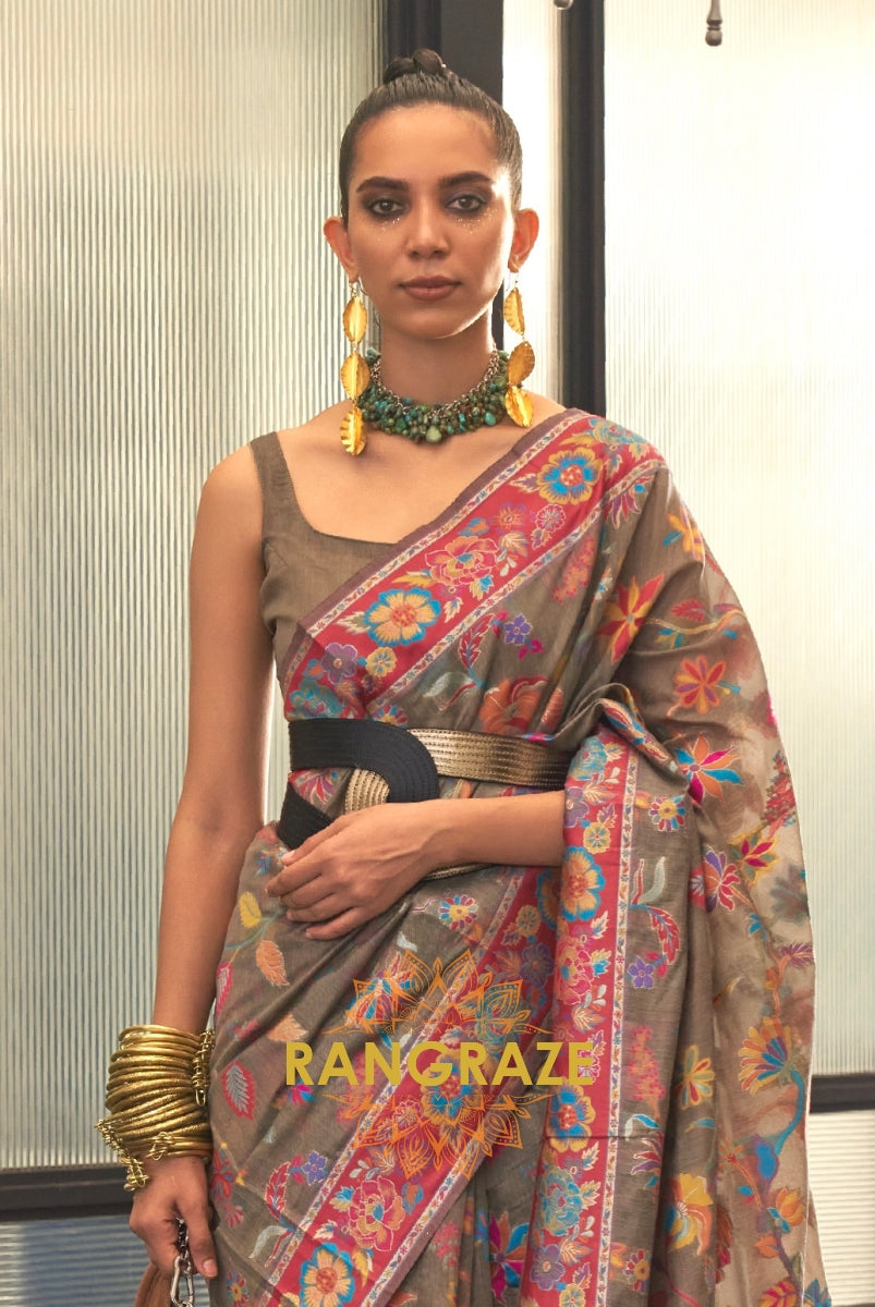Classic Brown Woven Kashmiri Jamewar Cotton Silk Saree