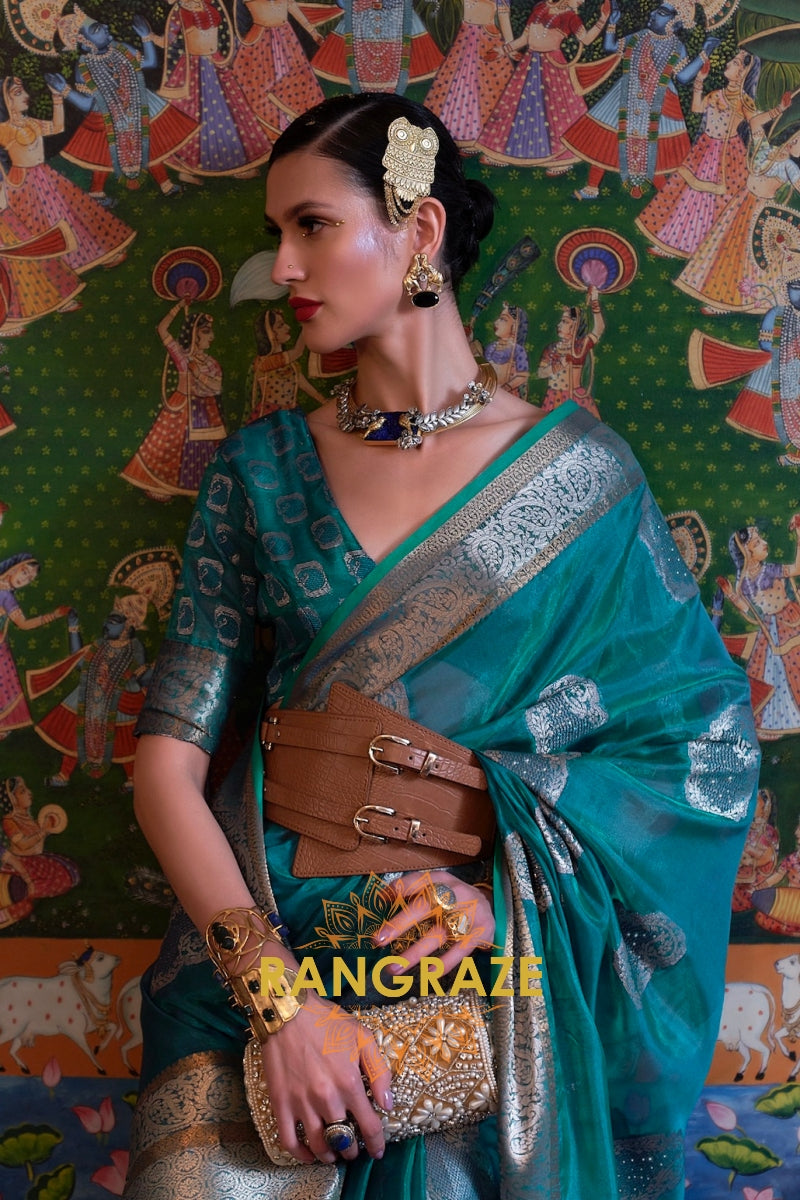 Ocean Blue Woven Banarasi Organza Silk Saree