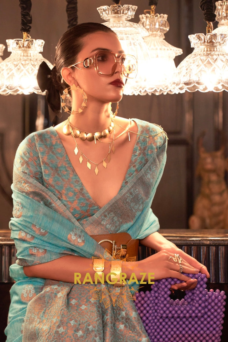 Arctic Turquoise Pure Linen Saree With Copper Zari Weaving